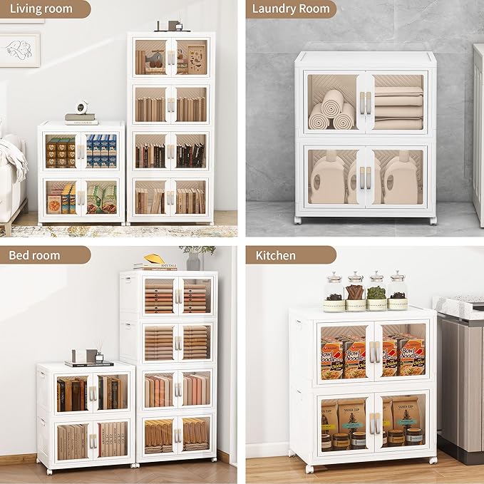 Large Clear Stackable Storage Bins with Lids, Foldable Storage Cabinet for Closet Organizers and Storage, Plastic Storage Box with Wheels 199 QT