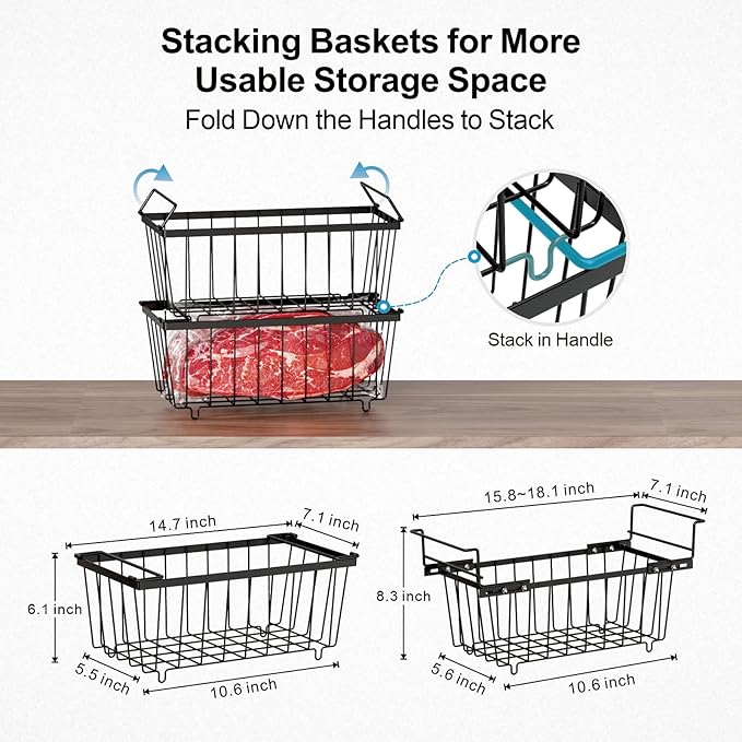 iSPECLE Chest Freezer Organizer Bins 8 Pack - Fit 7 Cu.Ft Deep Freezer, 2 Adjustable Hanging Baskets and 6 Pack Stackable Freezer Bins, Deep Freezer Organizer Bins Sort Frozen Food, Black