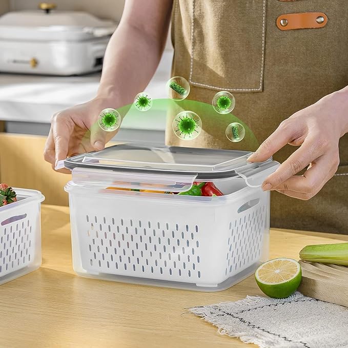 Freshmage Fruit Storage Containers for Fridge with Removable Colander, Airtight Food Storage Container, Dishwasher Safe Produce Saver for Refrigerator, Keep Berry Fruit Fresh Longer 10 pcs Large Clear