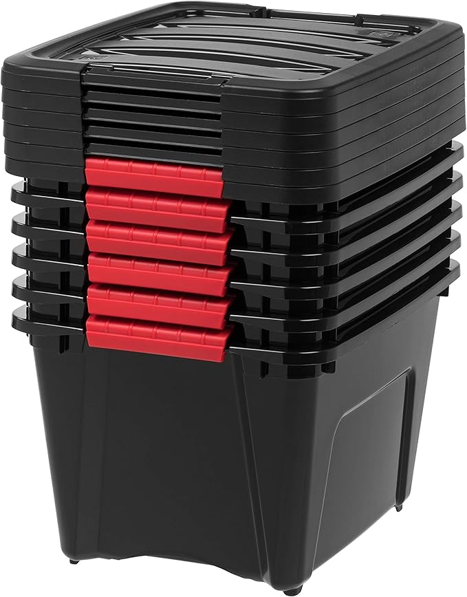 IRIS USA 19 QT Plastic Storage Box with Lid and Latches - 6 Pack - BPA-Free, Garage Organizing Solution, Durable Nestable Stackable Containers, Secure Pull Handle - Black