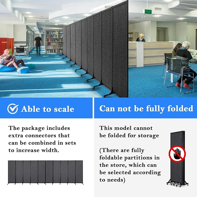 Upgrade Version Room Partition and Divider, Freestanding Rolling Dividers with Wheels,Office Privacy Screen Divider Wall,Classroom Felt Dividers,12'2"L* 6'7"H,6 Panel,Dark Grey