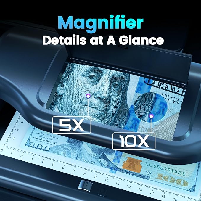 Aneken AL-18 Counterfeit Bill Detector with Dual LED UV Light, Counterfeit Money Detector Machine with 10x Magnifying, Bill & Money Checker Machine, 6 Detection Modes for IDs, Cards & All Currency