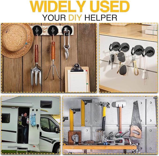 DIYMAG Black Magnetic Hooks, 170 LB Heavy Duty Strong Magnets with Hooks Rare Earth Neodymium Fridge Magnet for Grill Hanging Cruise Cabins Ship Essentials 12 Packs