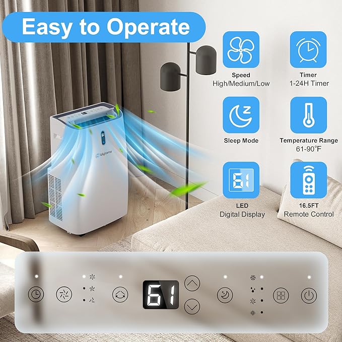 14,000 BTU Portable Air Conditioners for 700 Sq.Ft, 4-in-1 Room Air Conditioner with Cooling, Heating, Dehumidifier, Fan, Remote, Sleep Mode, Auto Swing, 24H Timer, Self-Evaporating Portable AC Unit