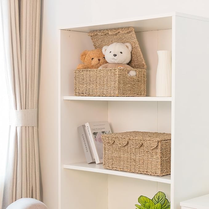 KOKODO Set of 2 Scalloped Wicker Baskets – Handwoven Rectangular Seagrass Storage Baskets with Lid and Handles for Organizing, Living Room & Shelf Décor – Decorative Rattan Organizing Bins