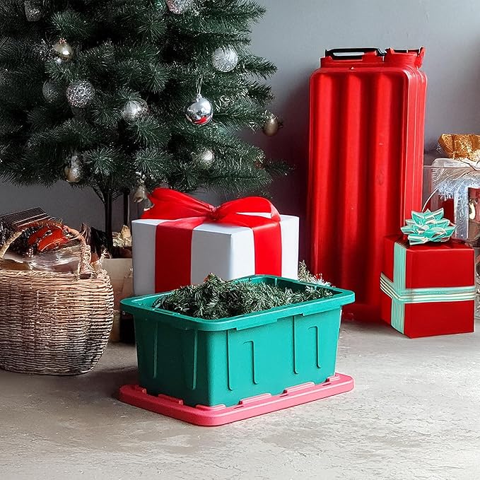 HOMZ 4-Pack Durabilt Tote, Heavy Duty Plastic Storage Bins with Lids, 15 Gallon, Green/Red - Stackable Organizing Containers for Home, Garage, and Office