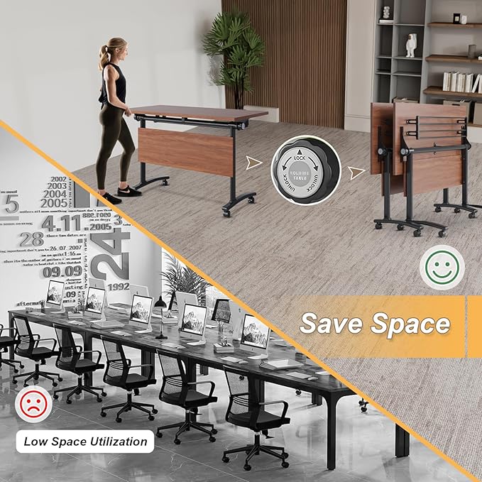 Conference Room Table with Silent Wheels, Mobile Folding Conference Table for 16 Person,Flip Top Office Training Tables with Walnuts Wood Tabletop, for School,Business Meeting Rooms (4 Pack 71in)