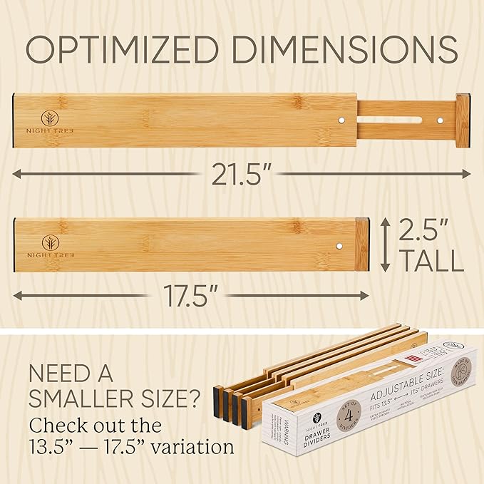 Night Tree Expandable Bamboo Drawer Dividers – Spring-Loaded Wooden Organizers for Clothes, Kitchen Utensils, Bathroom, and Dresser Drawers (17.5" to 21.5")