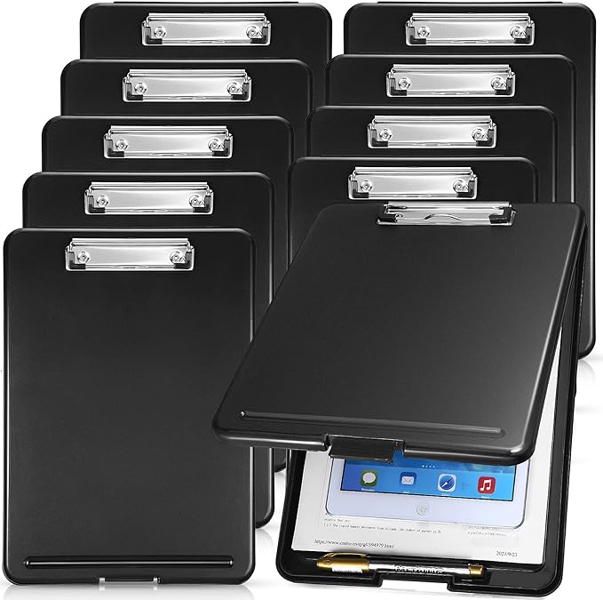 10 Pieces Clipboard with Storage Plastic Storage Clipboard Nursing Clip Board Foldable Clip Board with Low Profile Clip for Home Office School, Size 9.5 x 13.5 Inch (Black)