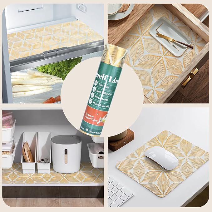 Drawer and Shelf Liner for Kitchen Cabinet,Non-Adhesive Waterproof Drawer Liner for Dresser & Bathroom Vanities with Adhesive Dots & Cutting Tool(18 in X 30 Ft Gold Leaf Pattern)