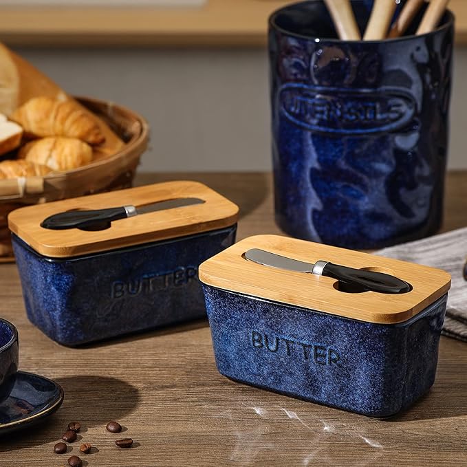 Ceramic Butter Dish Keeper Container - Vicrays Porcelain Airtight Lid Butter Container with Knife for Countertop - Large Butter Keeper Crock for West or East Coast Butter - Blue
