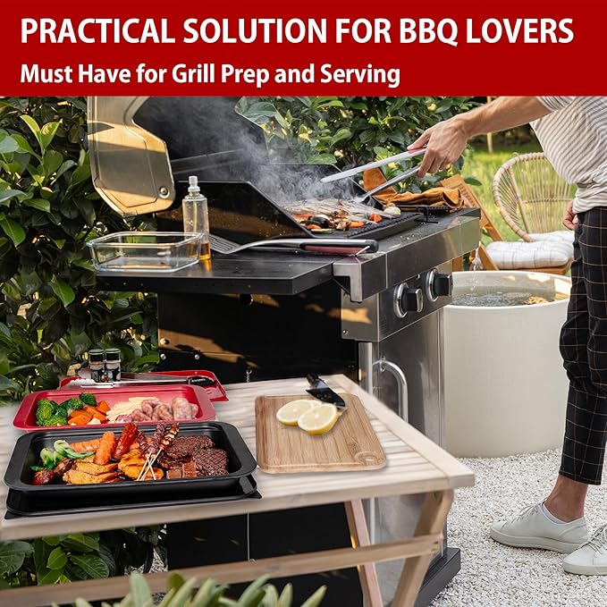 Deep Grill Carry System with Lids, Cutting Board, Tong, Gift Ready BBQ Carry Tray for Prepping, Marinating and Serving, Diswasher Safe, Nesting Platters Black in Red