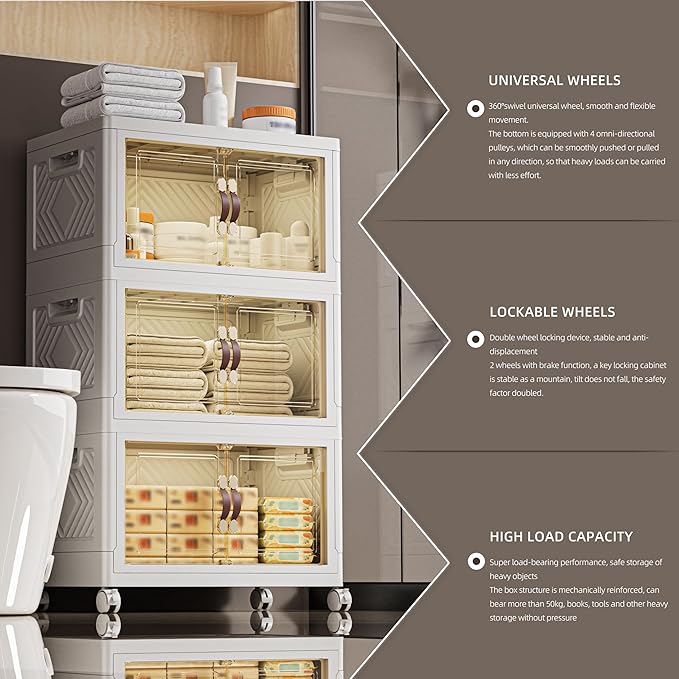200 QT / 50 Gal White Storage Bins with 1 Lid - Collapsible Stackable Cabinet Organizer w/Wheels & Magnetic Doors, Plastic Storage Box for Office Closet Organization
