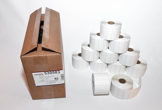CompuLabel Direct Thermal Labels, 2 1/4 x 3/4 Inch, White, Roll, Permanent Adhesive, Perforations Between Labels, 1700 per Roll, 12 Rolls per Carton (530583)