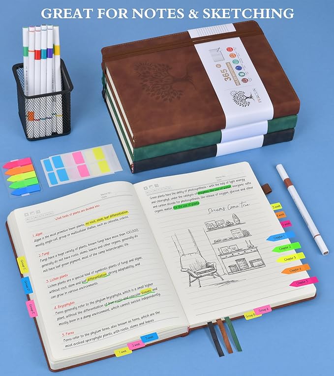 A5 Lined Journal Notebook - 365 Page Leather Journals for Writing Women & Men,Hardcover Notebook with 100Gsm Thick Pages,Daily Diary for Travel, Work,School,Note Taking,College Ruled (5.9" x 8.5")