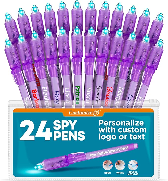 Personalized Invisible Disappearing Ink Pen Marker, Custom Secret Spy Message Writer with UV Light, Fun Activity for Kids Party Favors Gifts and Stock Stuffers, 24 Pack, Purple