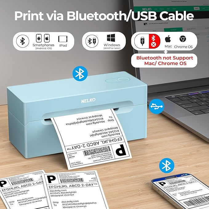 Nelko Bluetooth Thermal Shipping Label Printer, 4x6 Shipping Label Printer for Shipping Packages, Support Android, iPhone and Windows, Widely Used for Amazon, Ebay, Shopify (Blue)