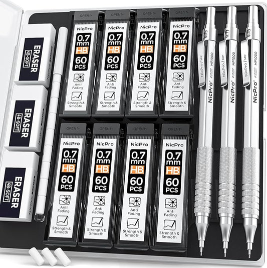 Nicpro 0.7 Metal Mechanical Pencil Set with Case, 3PCS MP1000 0.7mm Artist Lead Pencil With 8 Tube HB Refills, 3 Erasers, 9 Eraser Refill For Architect Art Drafting Drawing Engineering, Sketching