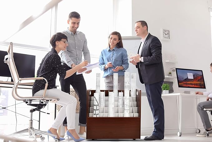 Adir Blue Print Storage Organizer - Mobile Roll File Cart, Construction Plan Holders, Blueprint Cabinet with Wheels, Roll Files Storage for Office and Home (50 Slots, Mahogany)