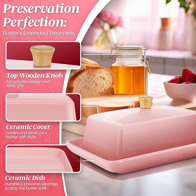 Flexzion Ceramic Pink European Butter Dish with Lid for Countertop (7 Inch) - Wide 2 Stick Double Butter Holder for Counter, Cream Cheese Container Storage Keeper