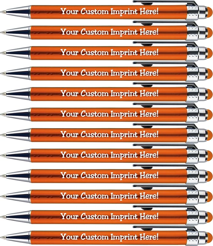 Personalized Pens with Stylus Tip -Bright Vibes- Click action - Custom - Black writing - Printed Name pens - Imprinted with Your Logo or Message - FREE PERSONALIZATION - 12 Pens/Box (Orange)