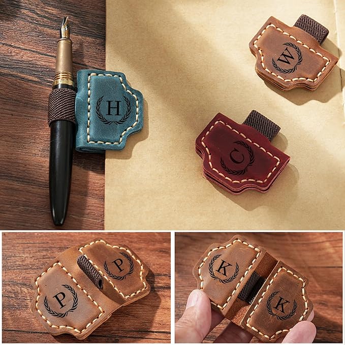 Personalized Magnetic Leather Bookmark with Pen Holder - 26 Letters Custom Book Mark Clip Notebook Pencil Loop with Initials Book Marker for Readers, Book Lovers, Artist - Gift for Women Men (Red,A)