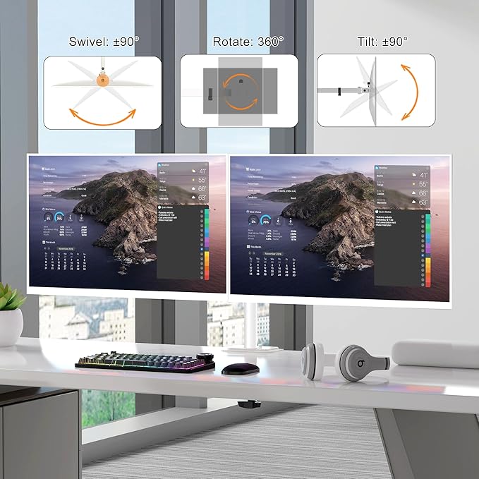 Pholiten Dual Monitor Stand, Heavy Duty Adjustable Monitor Arm Desk Mount for 2 Screens up to 42Inches, Tilt, Swivel, Rotate, Supports Tilt, Swivel, Rotate, Supports 22 lbs per Arm,White