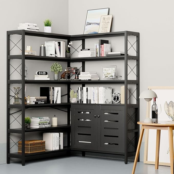 6-Shelf Corner Bookshelf, Vintage Industrial Corner Shelf Etagere Bookcase, Large Book Shelf with Metal Frame Open Storage Corner Cabinet (Black-Lockers, Large)