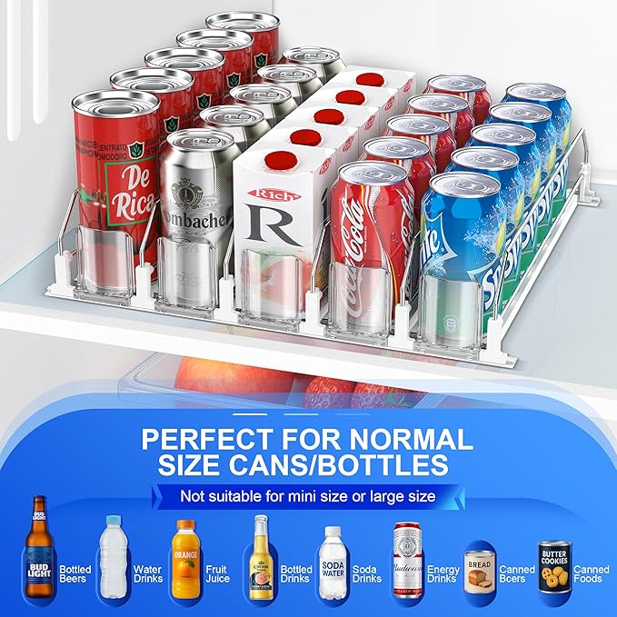 Drink Organizer for Fridge, Upgraded Drink dispenser for fridge, Automatic Pusher Glide,12oz 16oz - Can Dispenser for Fridge - Holds up to 20 Cans - 5 Rows White