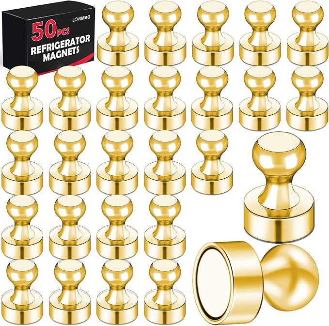 LOVIMAG Refrigerator Magnets, Fridge Magnets, Strong Whiteboard Magnets, Gold 50 Pcs Magnetic Push Pins, Strong Metal Magnets for Fridge, Whiteboard, Office, Classroom, Map, Kitchen