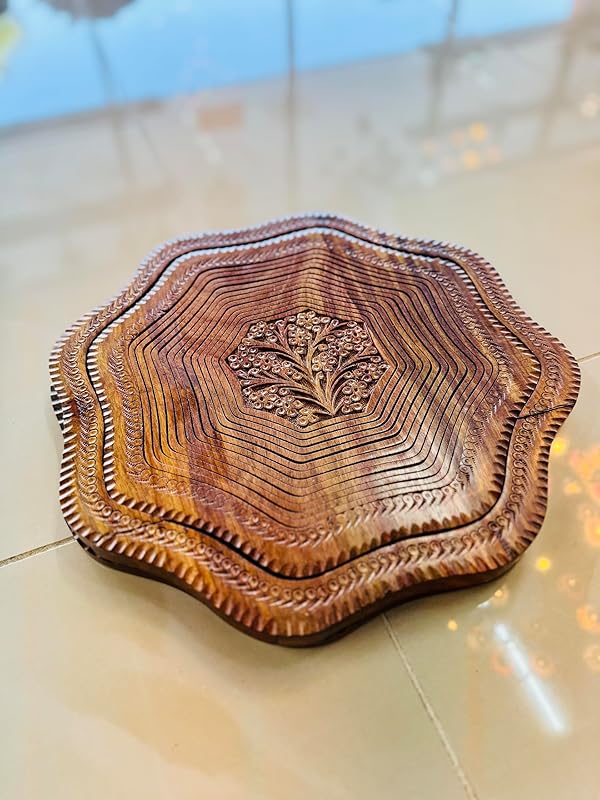 Handmade 14″ Collapsible Wooden Basket, Single Bowl Flower Design in Himalayan Rosewood, Fruit Basket, Bread Bowl & Trivet, Folds Flat for Easy Storage – Unique Centerpiece & Gift