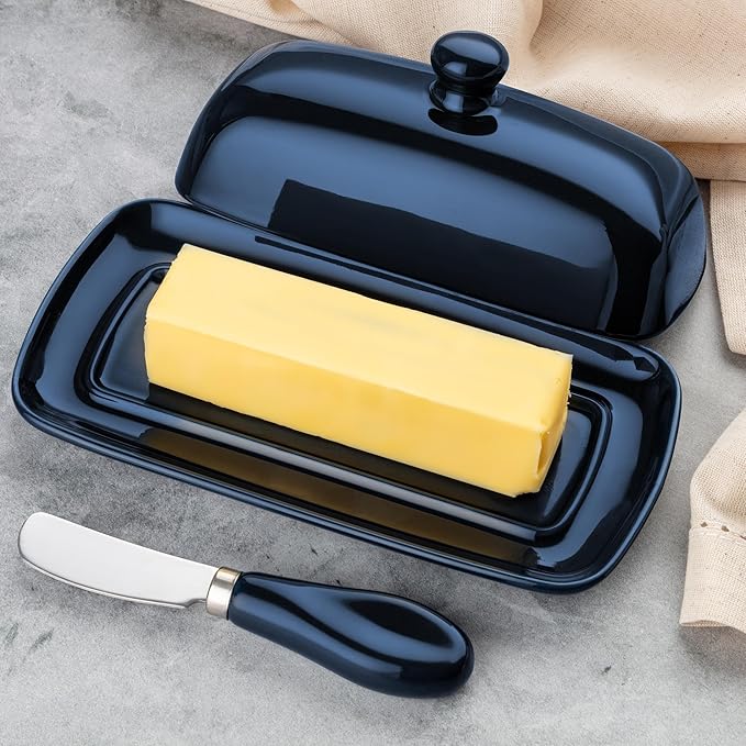 Zulay Butter Dish With Lid For Countertop - Porcelain White, Ceramic Butter Dish with Knob Handle Great for Cooking - Elegant Design Butter Holder - Durable & Sturdy Butter Keeper - Navy