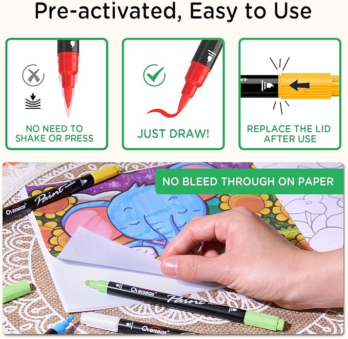Overseas Black Acrylic Paint Markers, 2 Pack Dual Tip Paint Pens Acrylic Markers with Dot and Brush Tip, Coloring Marker for Wood, Rock, Canvas, Glass, Metal, Ceramic, Plastic, Fabric, School Supplies
