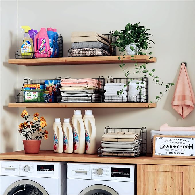 4-Pack Stackable Wire Baskets for Closet Organizers and Storage, Open Storage Bins for Clothes, Toys, and Snacks - Rustic Metal Closet Organizer and Shelves in Black