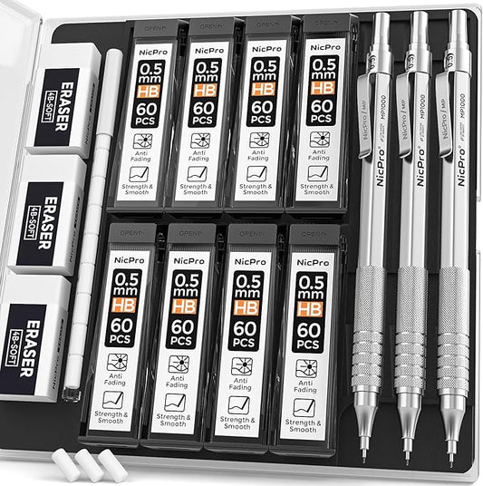 Nicpro 0.5 Mechanical Pencil Set with Case, 3PCS MP1000 Metal Artist Pencil & 8 Tube HB Lead Refills 0.5mm, 3 Erasers,9 Eraser Refills For Architect Writing Drafting, Drawing, Engineering, Sketching