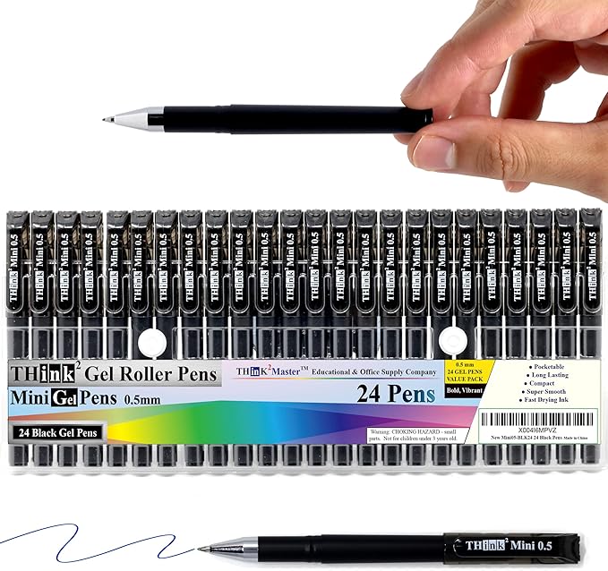 THINK2MASTER [24 Pens - Black Ink Think2 0.5mm Pocketable Mini Gel Pens. (24 Black) Fine Point Small Rollerball Pens with Smooth Quick Drying Ink.