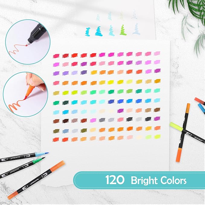 nauets 120 Colors Brush & Fine Dual Tip Watercolor Markers Set for Kids Adults Coloring Books No Bleeding Paint Pens For Drawing Note taking Planner Calligraphy Journaling Card Making Art Supplies