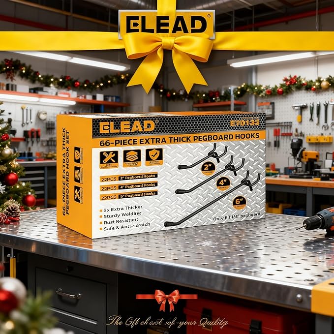 ELEAD 66-Piece 2/4/6 Inch Extra Thick Pegboard Hooks, Heavy Duty Peg Board Organizer Accessories, Peg Board Tool Hangers Fit for 1/4" Pegboard Hanging Tools Garage, Workshop, and Craft Storage