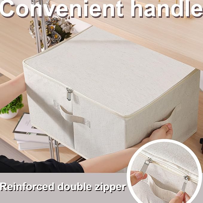 Underbed Storage Box with Lid, Foldable Clothes Organizers, Fabric Bins for Organizing Clothes, Shoes, Blankets, Pillows, 17.7x13.7x9.8Inches, Beige, 2 Pack