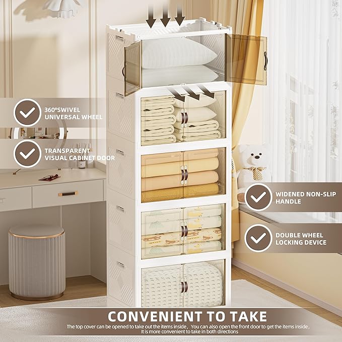 520 QT / 130 Gal Large Foldable Stackable Plastic Storage Cabinet with Double Magnetic Doors, Leather Handles & 4 Wheels - Organize Home, Office, Closet