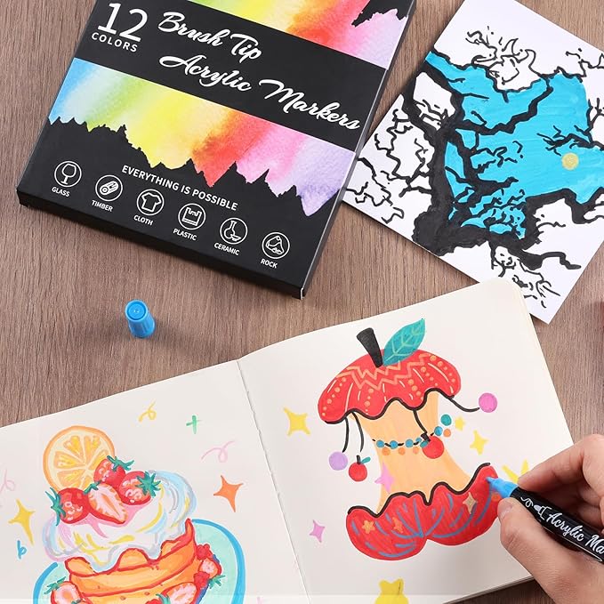 12 Colors Acrylic Paint Markers, Waterproof Dual Tip Acrylic Paint Pens with Brush and Fine Tip, Markers Set for Paper, Rock, Wood, Canvas, Glass, Ceramic and DIY Crafts Making Art Supplies