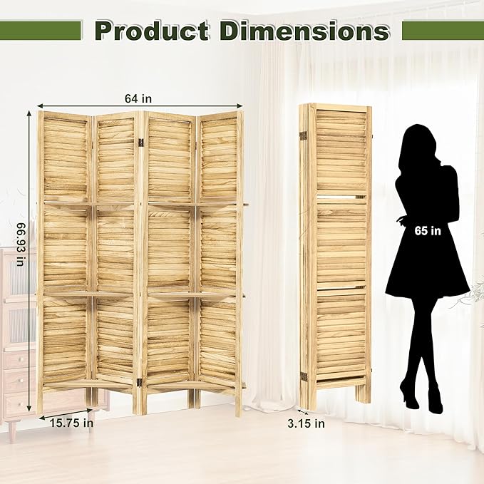 NicBex 4 Panel Room Divider,5.6FT Wood Carved Room Dividers with Display Shelves Folding Privacy Screens Portable Freestanding Partition Wall Dividers for Room Separation, Bedroom Office,Natural Wood