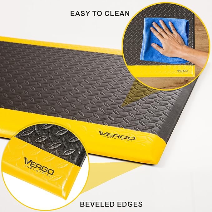 Vergo Industrial 15/16” Extra Thick Anti Fatigue Mat - Heavy Duty Commercial Grade Diamond Plate Ergonomic Standing, Non-Slip Black with Yellow Anti Fatigue Floor Mat for Work, Shop (2-Pack 2' x 3')