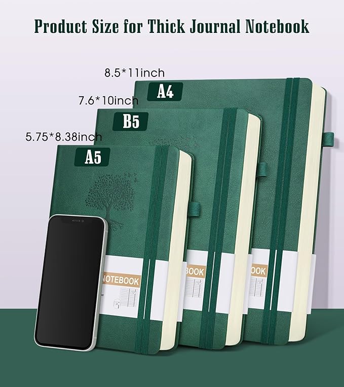 Lined Journal Notebook, 365 Pages A4 Large Journals for Writing Ruled Notebook, Hardcover Leather Journal for Women Men, Daily Journal Notebook for Work, Note Taking, 100Gsm Thick Paper ( 8.5" x 11" Green)