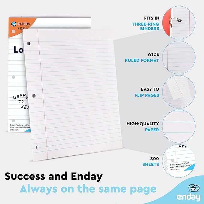 Loose Leaf Paper Wide Ruled Notebook Paper, 8" x 10.5" Filler Paper White, 3 Hole Punched Binder Paper for 3 Ring Binders, Lined Paper 150 Sheets Per Pack (2 Pack) - By Enday