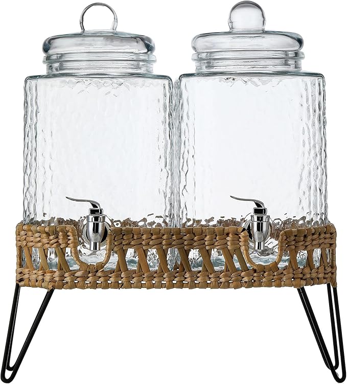 1.5 Gallon Hammered Glass Drink Dispenser for Parties 2 PACK Beverage Dispensers with Stand, Glass Water Jug Dispenser, with 100% Leak Proof Spigot, Great for Party, Wedding, Picnic, BBQ Wicker Design
