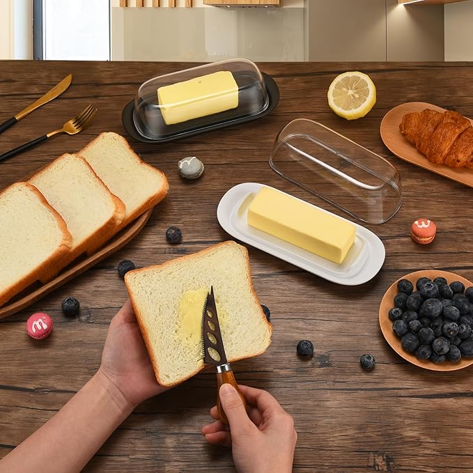 Butter Dish with Clear Lid, Butter Keeper for Countertop, Airtight Butter Dish, Plastic Butter Keeper Tray for West/ East Coast Butter, Dishwasher Safe(White)