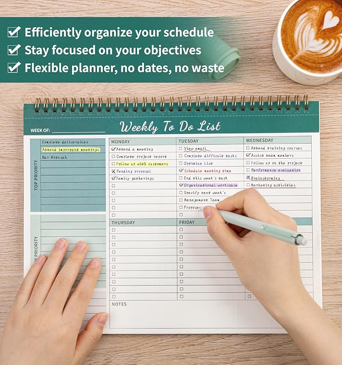 Weekly To Do List Notepad, 52 Undated Sheets (8.5"×11") Duplex-printed Weekly Planner Notepad For Work Home School Office Desk Accessories Supplies & Goal Setting Tasks - Green