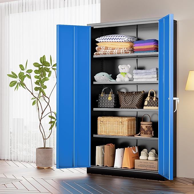 INTERGREAT Storage Cabinet,72”H Garage Steel Locking Cabinets with Doors and 4 Adjustable Shelves, Tall Lockable File Tool Cabinet for Home Office, Metal Classroom Cabinets Basement, Black-Blue
