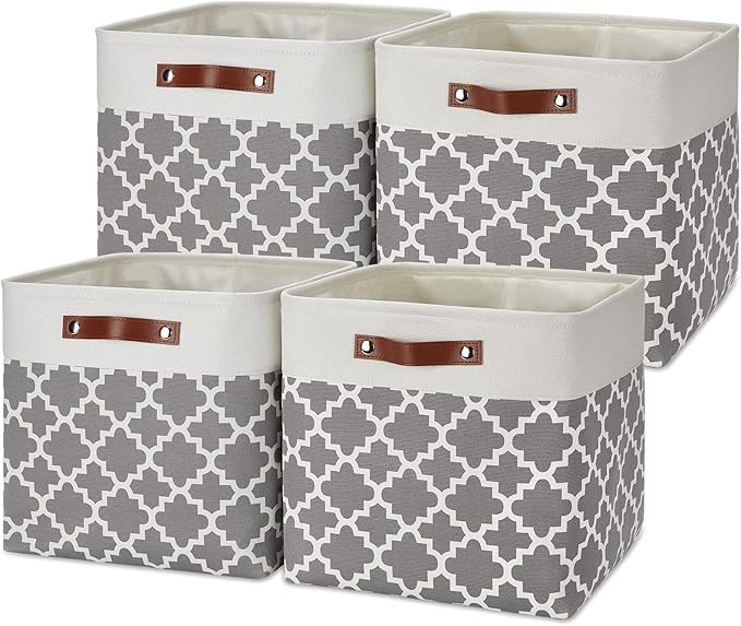 Temary 13ラ13ラ13 Foldable Storage Cube Baskets Fabric Cube Storage Basket for Organizing Cloth Storage Bins with Leather Handles for Gifts Empty, Closet (Grey Lattice)